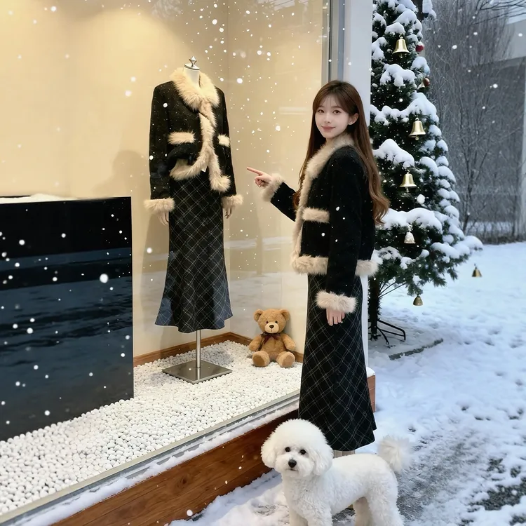 秋冬搭配一整套韩系穿搭高级感气质毛毛外套格纹鱼尾半身裙套装女