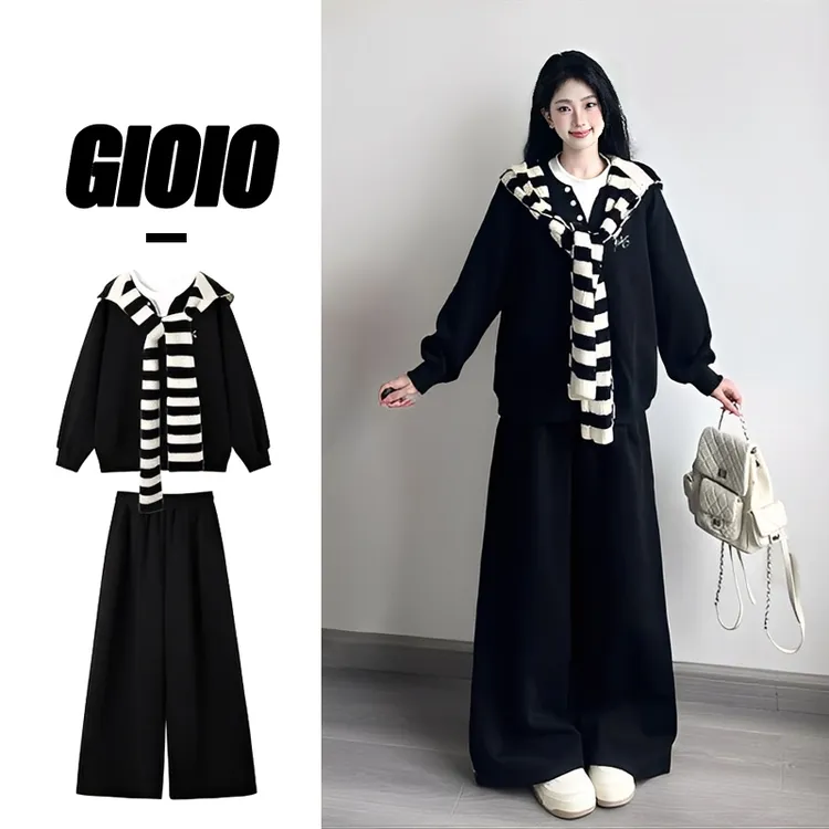 GIOIO黑色带披肩长袖秋冬卫衣女套装慵懒宽松休闲运动三件套