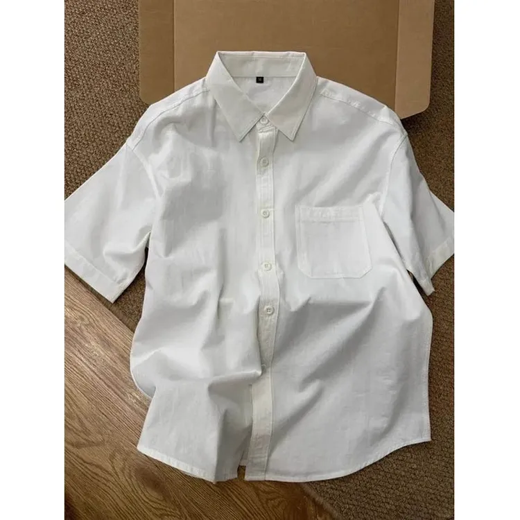 白色纯棉短袖衬衫男夏季薄款高级感工装衬衣cleanfit休闲半袖外套