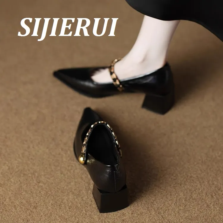 SIJIERUI时尚气质法式尖头高跟鞋女2025年夏季新款粗跟浅口单鞋女
