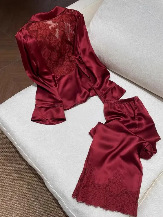 法式睡衣女酒红色冰丝高级感蕾丝镂空本命年新年红长袖长裤套装