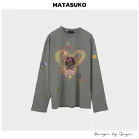 MATASUKO 爆炸头黑皮Kitty 水洗工艺&满印设计 圆领长袖T恤