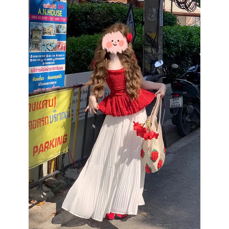 2025夏季新款韩系穿搭甜美风红色波点上衣高腰半身裙显瘦两件套女