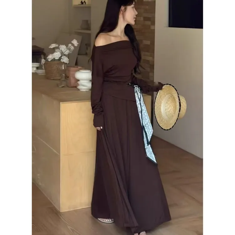 秋季显瘦大码胖妹收腰不规则斜肩长袖上衣搭配垂感高腰长裤裙套装