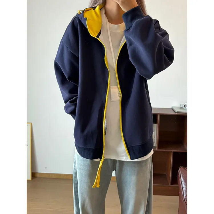 藏青色连帽开衫卫衣男款秋季重磅硬挺带帽衫潮牌美式复古情侣外套