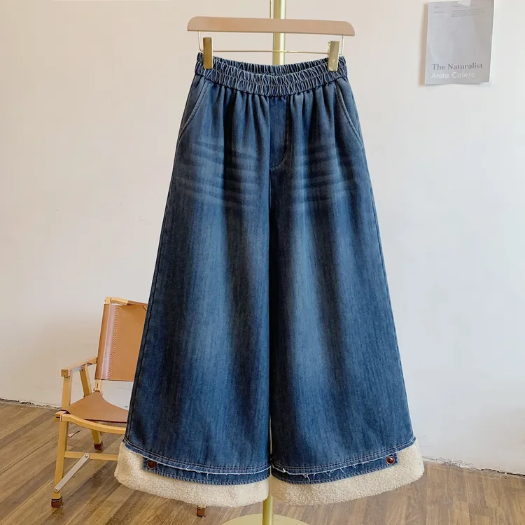 毛绒裤C5401加绒纽扣毛绒拼接松紧腰牛仔阔腿裤