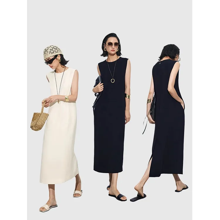 夏季黑色长裙宽松设计感无袖背心裙时尚开叉连衣裙女装圆领休闲裙