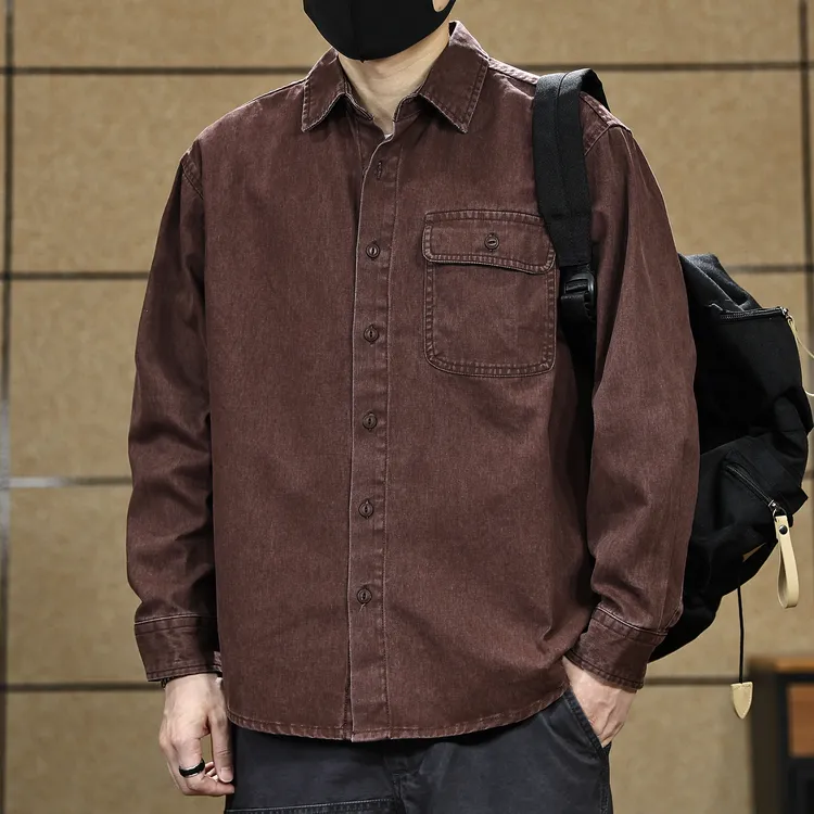 美式复古酵素水洗牛仔外套男秋季2025新款工装衬衫男长袖宽松衬衣