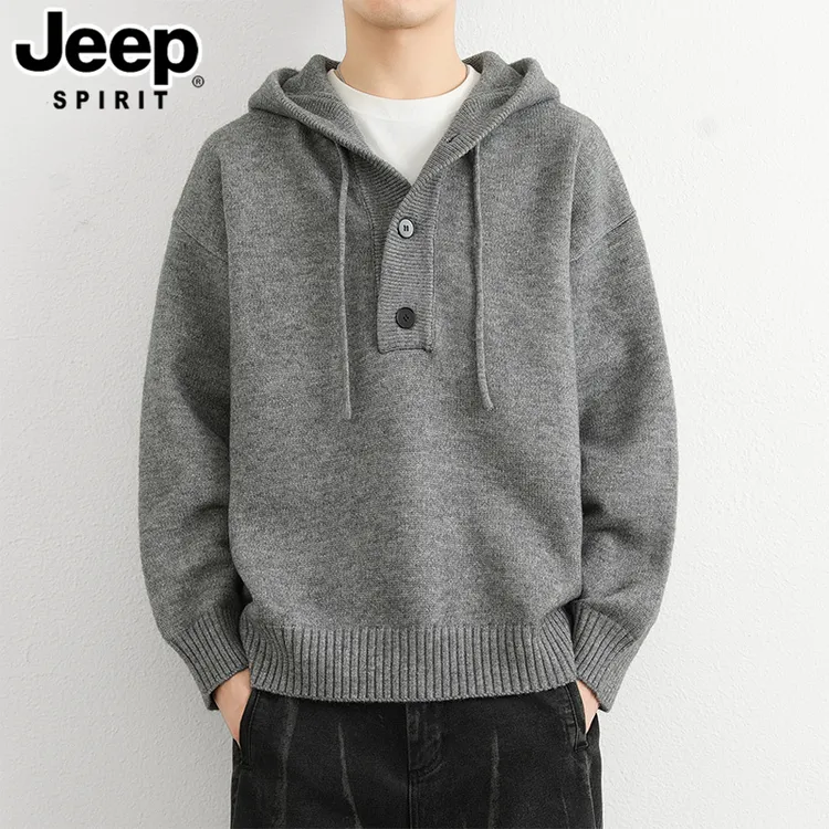 JEEPSPIRIT秋冬男士毛衣宽松连帽套头纯色毛线衣青年针织衫高级感
