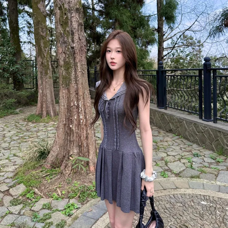 日落公园无袖针织连衣裙女夏miu系甜妹海军领设计感花边百褶短裙
