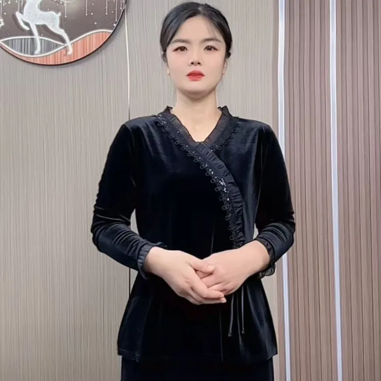 秋季新款复古宽松显瘦气质小衫2025新中式上衣国风盘扣丝绒衬衫女