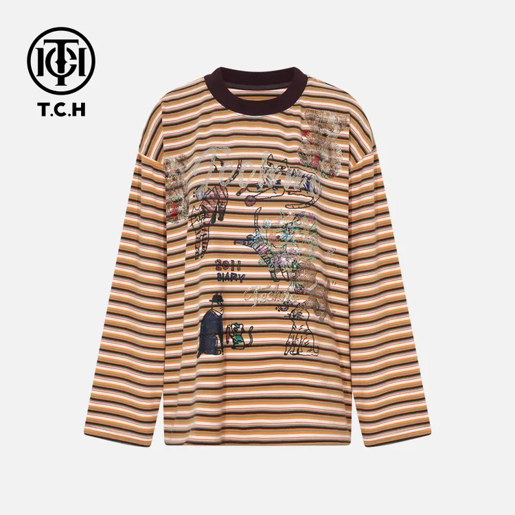 TCH【流行时尚】冬季卡通烫钻橙色休闲风长袖T恤女装T75D08E1006
