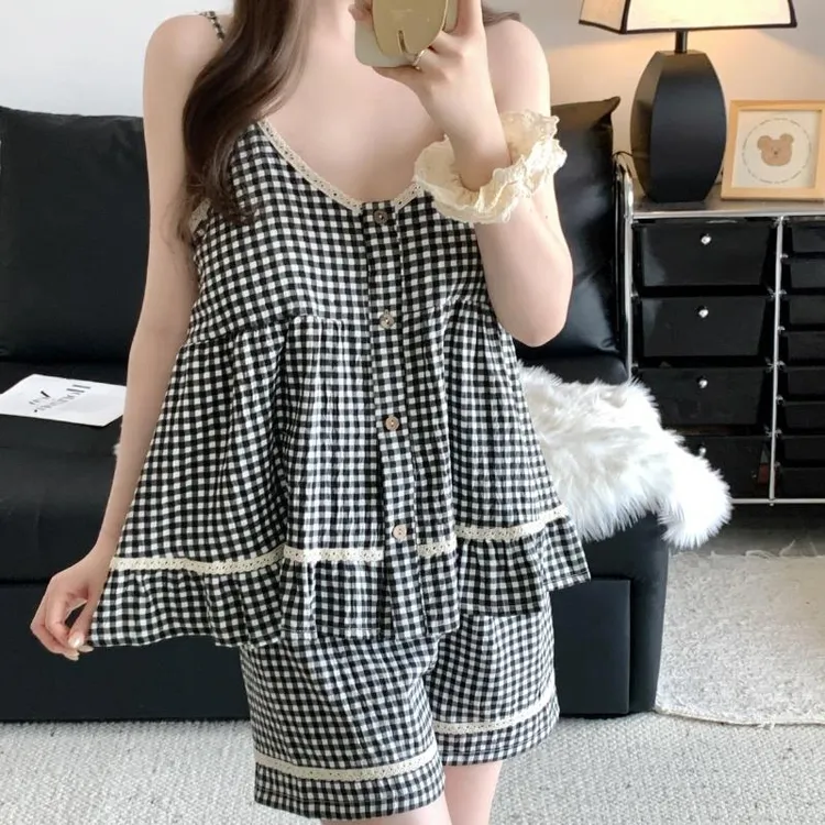 GPSUNLU2025新款吊带云朵棉带胸垫睡衣女性感夏季外穿家居服套装
