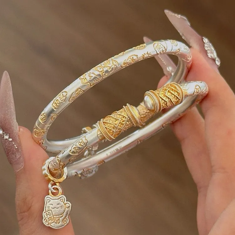 足银手镯 招财猫吉言手镯女款纯银999轻奢时尚开口描金银镯子ins