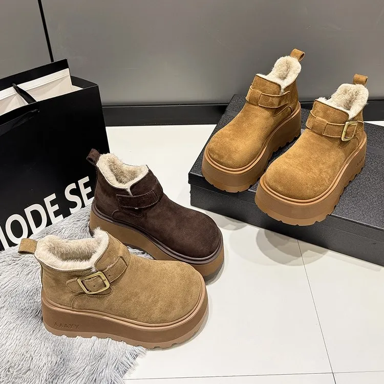 牛皮勃肯鞋女冬季加绒保暖搭子厚底一脚蹬增高毛毛鞋658