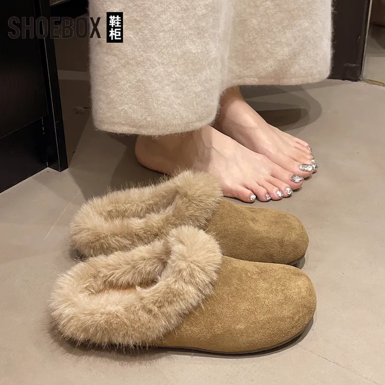 达芙妮集团旗下毛毛勃肯半拖女外穿2025秋冬季一脚蹬懒人包头棉拖