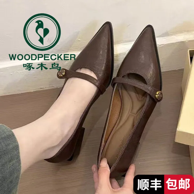 啄木鸟粗跟复古风玛丽珍鞋女浅口尖头春秋2025春夏新款法式配裙子