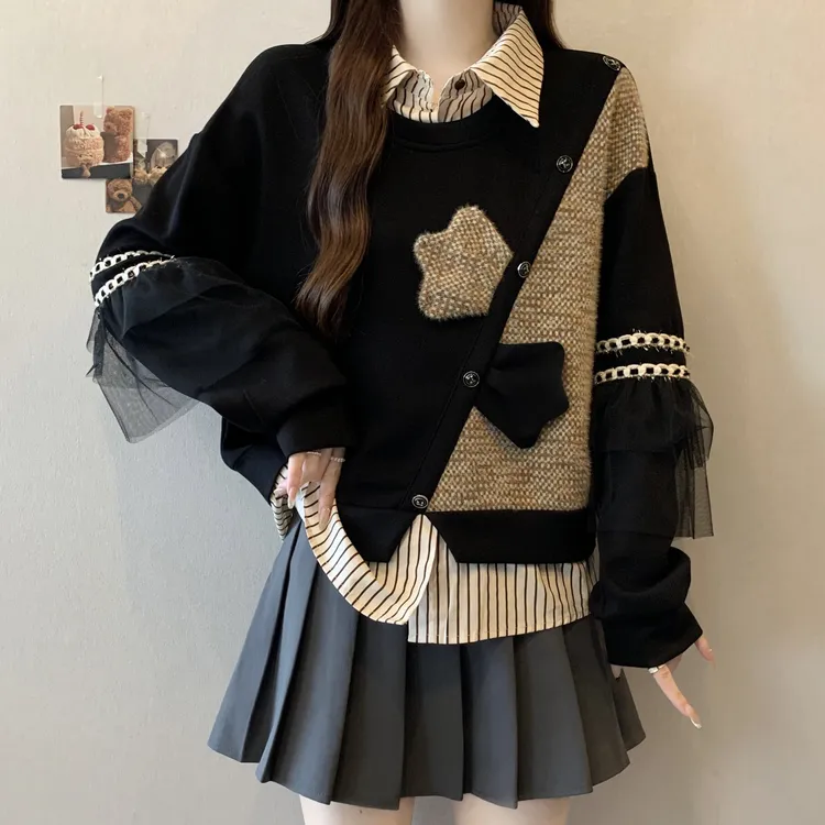 大码女装小香风假两件拼接条纹卫衣女秋冬胖妹妹宽松显瘦百搭上衣