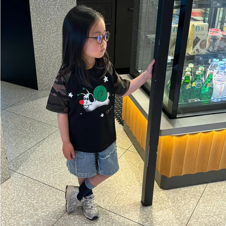 《小思家》女童2025夏季新款休闲百搭五一卡通短袖T恤牛仔短裤套装