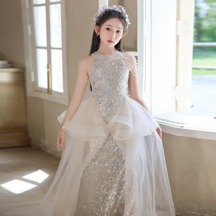 新款气质礼服公主裙女童主持人晚礼服绝美人鱼鱼尾走秀钢琴演出服