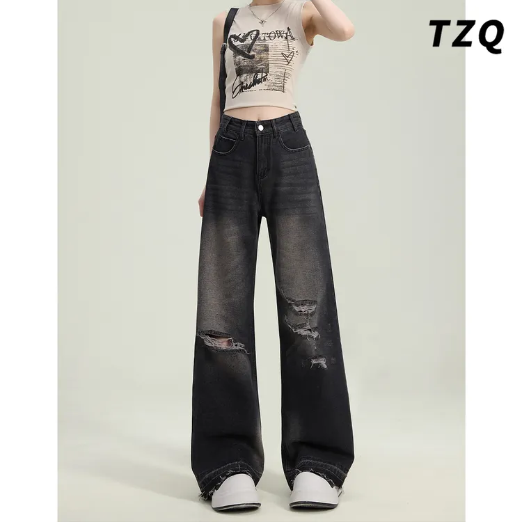美式破洞洋气牛仔裤女爆款2025春季新款高腰宽松阔腿裤TZQ2522733
