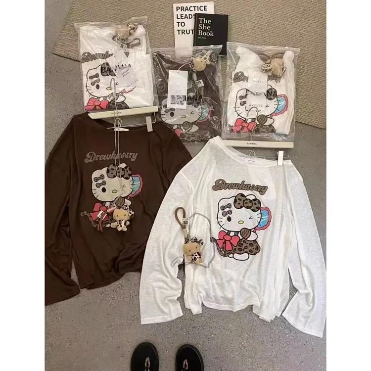 豹纹kitty卡通印花斜肩长袖T恤宽松薄款防晒衫带挂件  60115