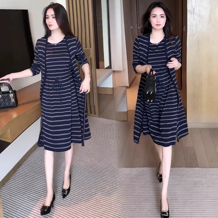 时尚连衣裙套装女2025秋季新款洋气条纹长袖外披收腰连衣裙两件套