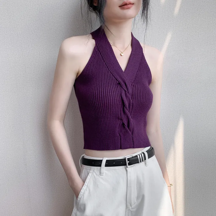 法式挂脖扭结设计感无袖背心女秋衬衫内搭修身显瘦打底衫纯色上衣
