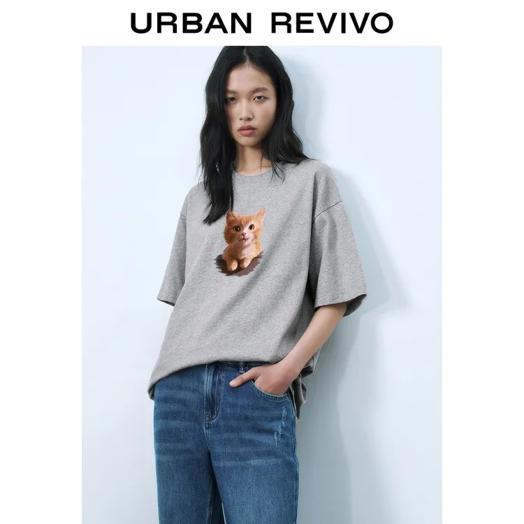 UR2025春季新款女装欧若风时尚休闲萌宠印花圆领短袖T恤UYY450069