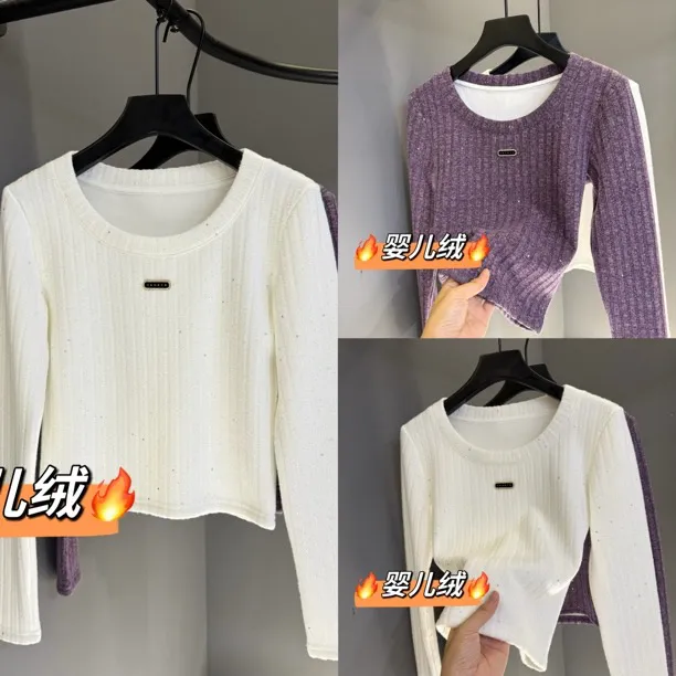 手工钉钻正肩t恤女小众设计感冬季新款甜辣加绒上衣内搭8009#