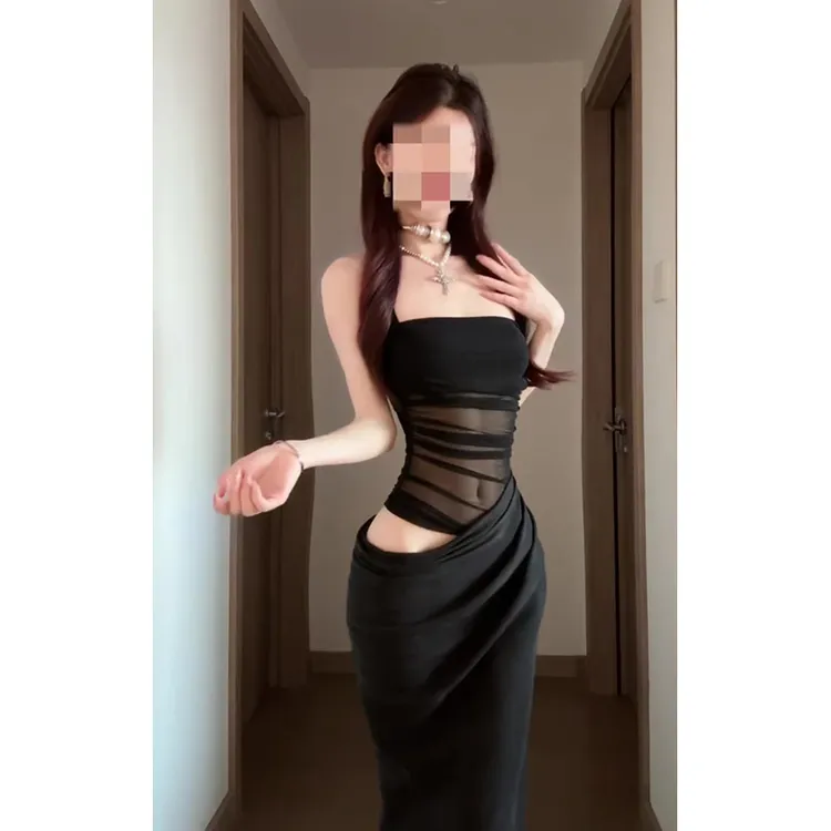 黑色性感无袖连衣裙女装夏季抹胸包臀裙小众设计感网纱拼接长裙子