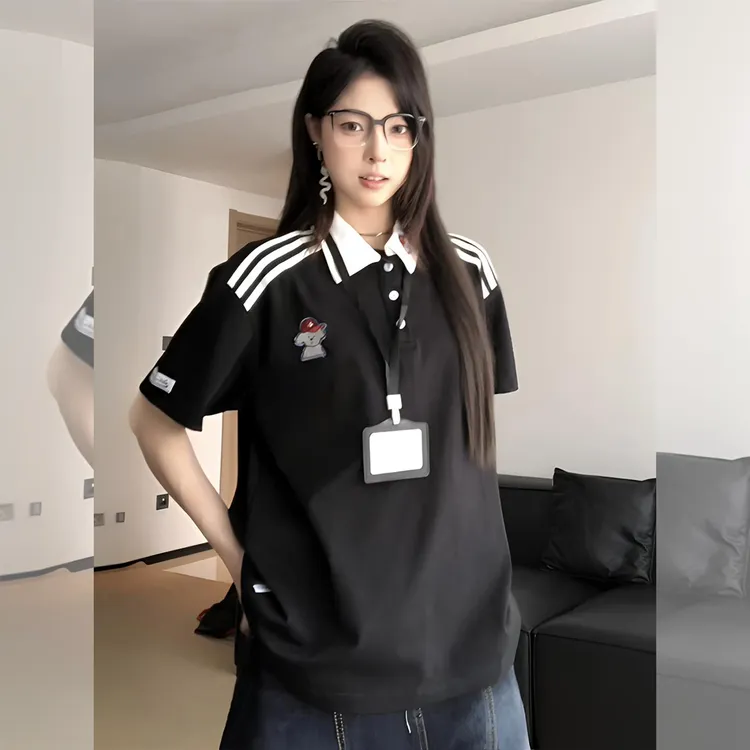 300斤大码女装学院风小狗刺绣学生短袖女胖mm简约百搭polo领上衣