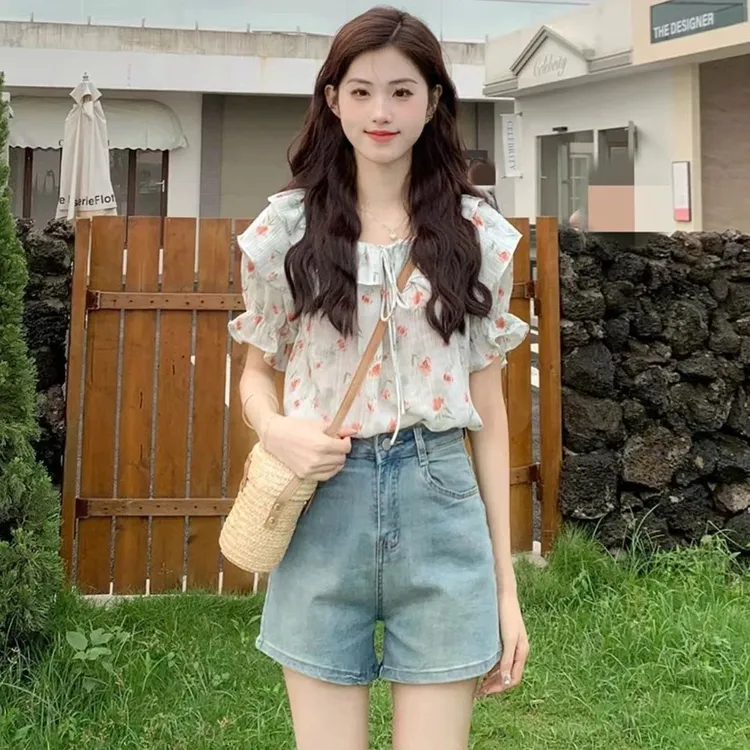 甜美碎花蝴蝶结系带宽松泡泡袖衬衫女夏季一字肩荷叶边上衣