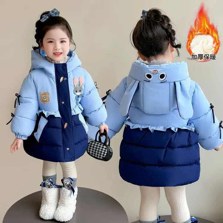 女童冬季棉服加绒加厚2025新款儿童冬装棉袄女宝宝兔子警官棉衣潮