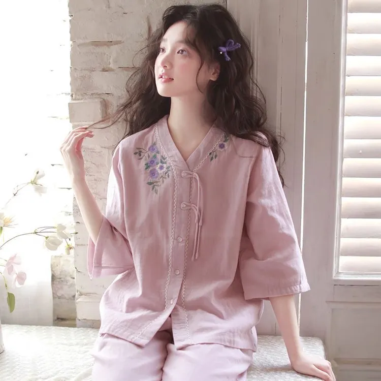 睡衣女新中式春夏季新款甜美刺绣七分袖薄款可外穿开衫家居服套装