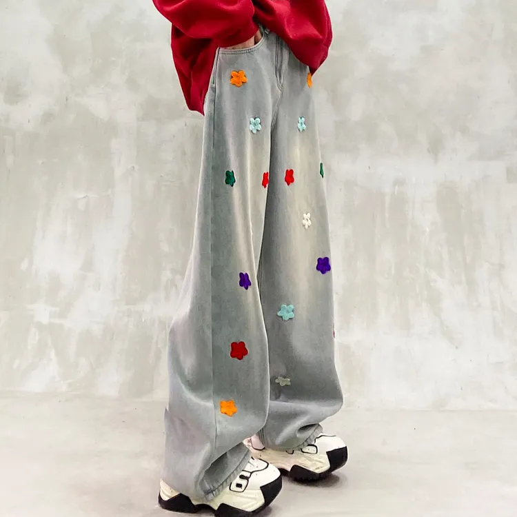 彩色花朵设计加绒休闲牛仔裤女冬新款高腰宽松显瘦百搭直筒阔腿裤
