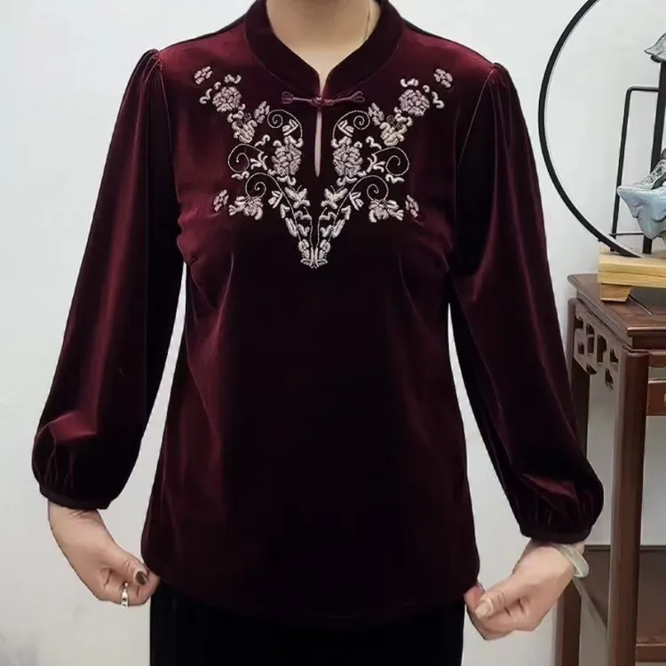 福运迎春绣花盘扣定位丝绒上衣中老年女装妈妈装气质长袖显瘦