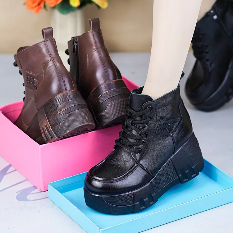 RY76732秋冬新真皮厚底马丁单靴女头层牛皮休闲坡跟加绒圆头短靴