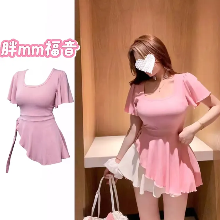 大码微胖mm不规则绑带显瘦短袖T恤辣妹纯欲风抽绳显瘦掐腰上衣