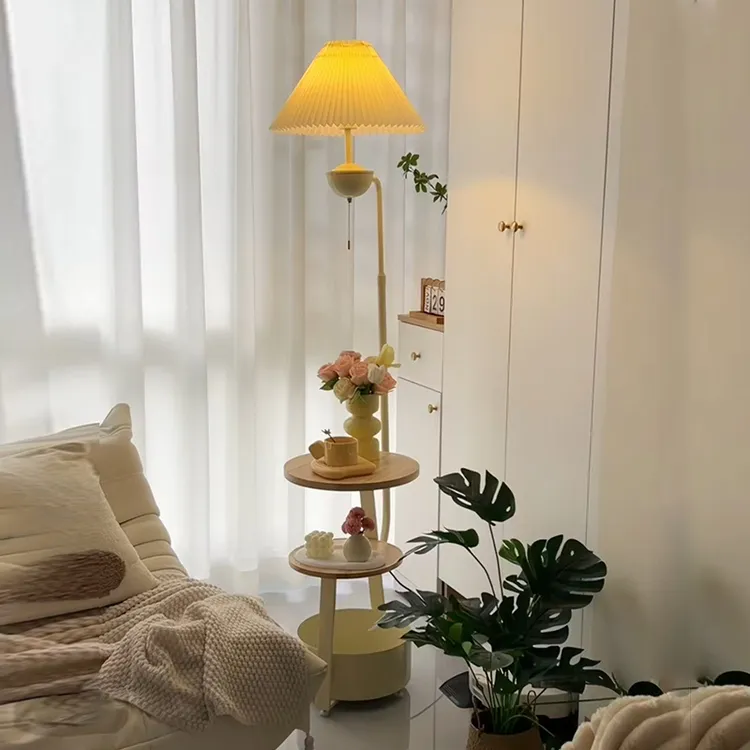 2025奶油风落地灯客厅沙发旁边几装饰摆件卧室床头置物架一体台灯