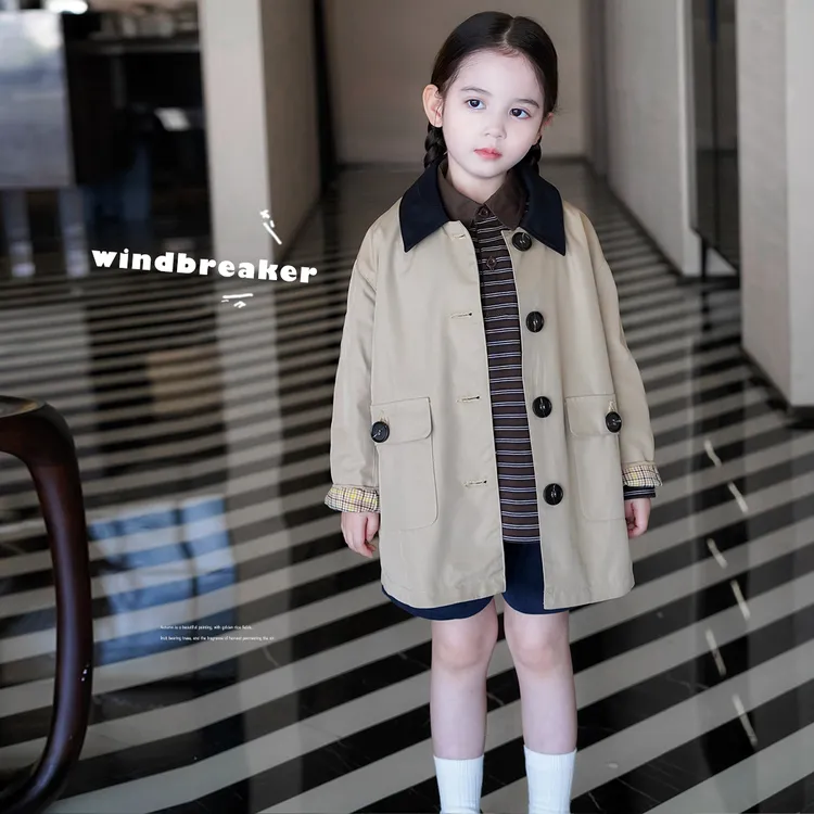 AnnieGirl秋季新款儿童韩版休闲风衣女童百搭宽松中长款外套秋款