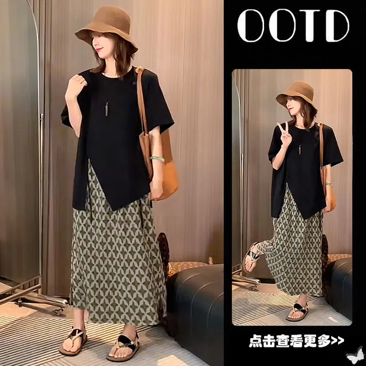 超火夏季穿搭一整套女2025新款韩版宽松黑色T恤高腰半身裙两件套