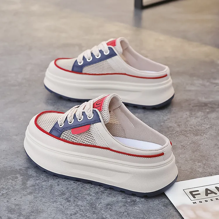 2025夏季新款网面透气半拖镂空女鞋时尚百搭休闲鞋厚底增高板鞋