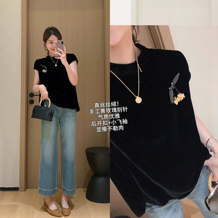 大叮自制【限量真丝丝绒】国风手工黄玫瑰别针小飞袖娃娃衫！S6107