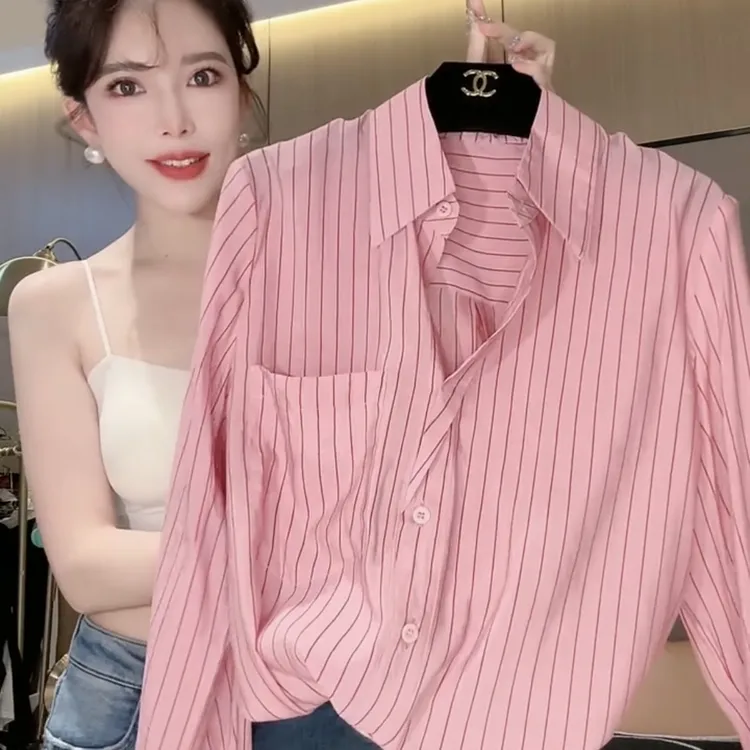 2024款小众设计感时尚简约复古条纹港风宽松显瘦长袖百搭衬衫上衣