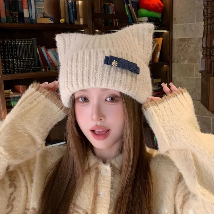 冷帽季可爱简单小猫耳毛线帽子女户外防寒保暖百搭护耳显脸小冷帽