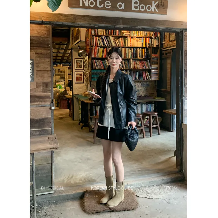 DH OFFICIAL 大花【首尔旧刊】财阀千金女装显瘦复古皮衣短款外套