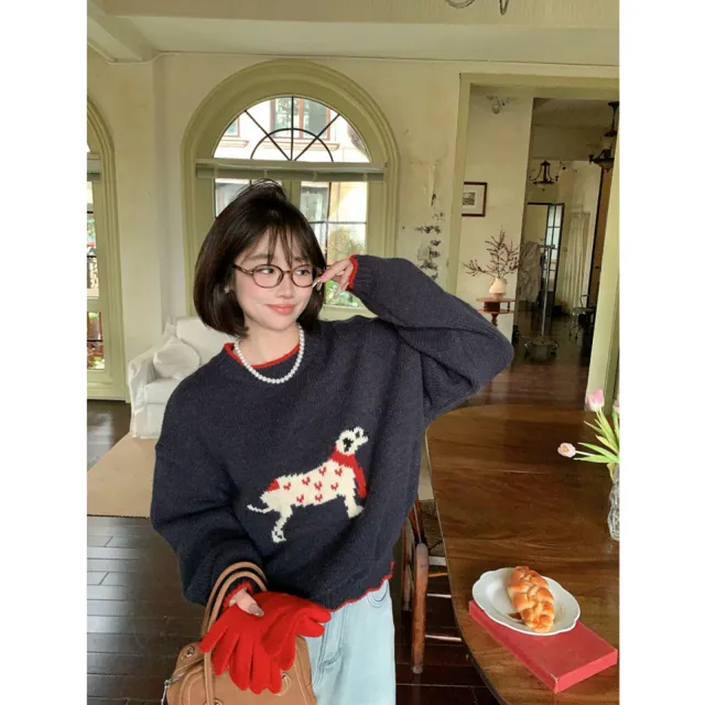 Iced Americano卡通小狗 套头毛衣女秋冬宽松圆领慵懒软糯针织衫
