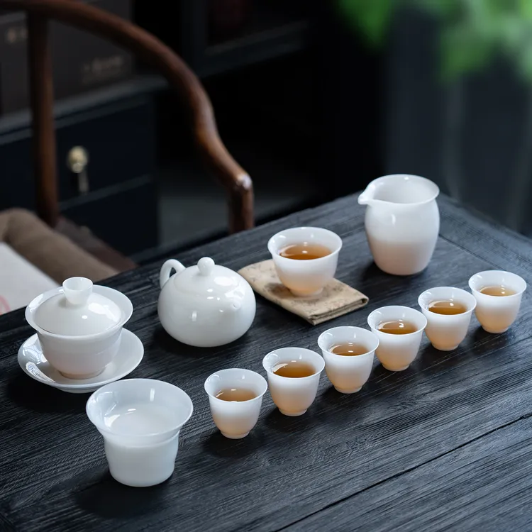 高档简约冰种璞玉纯色薄胎上釉陶瓷茶具套装家用泡茶商务自用礼盒