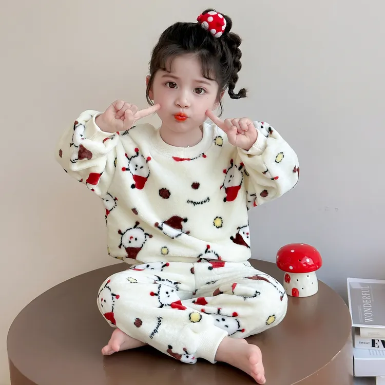 女童秋冬法兰绒睡衣宝宝冬装保暖套装小女孩幼儿珊瑚绒家居服加厚